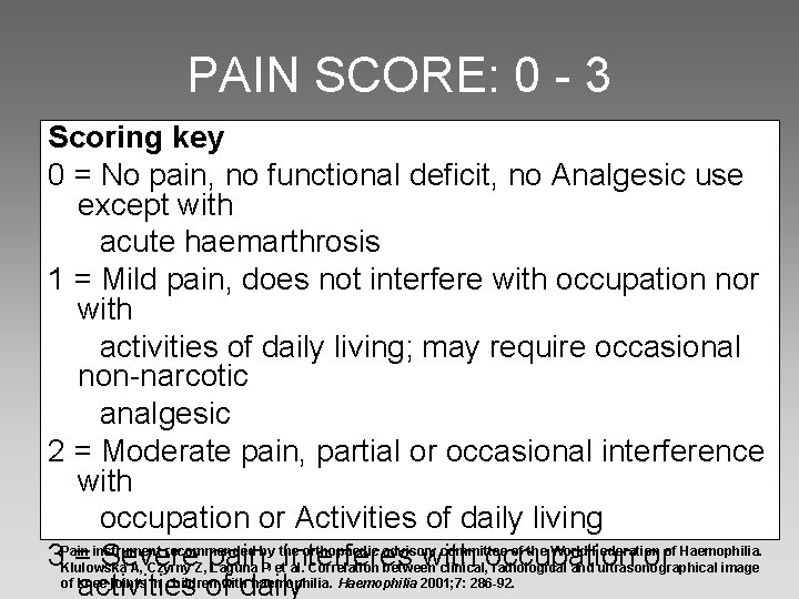 PAIN SCORE: 0 - 3 Scoring key 0 = No pain, no functional deficit,