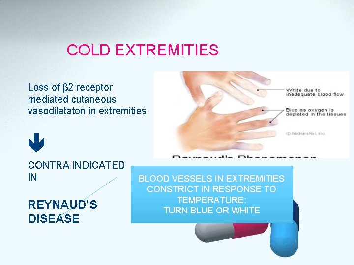 COLD EXTREMITIES Loss of β 2 receptor mediated cutaneous vasodilataton in extremities CONTRA INDICATED