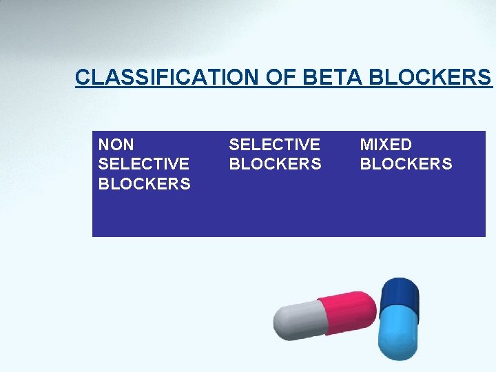CLASSIFICATION OF BETA BLOCKERS NON SELECTIVE BLOCKERS MIXED BLOCKERS 