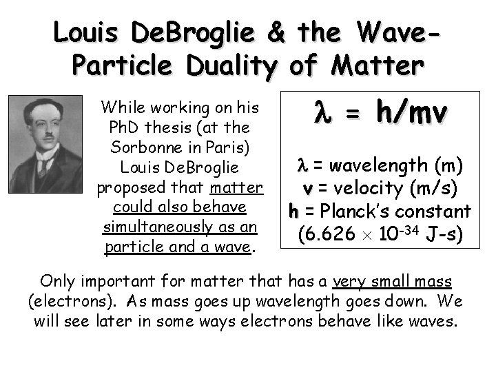 Louis De. Broglie & the Wave. Particle Duality of Matter While working on his
