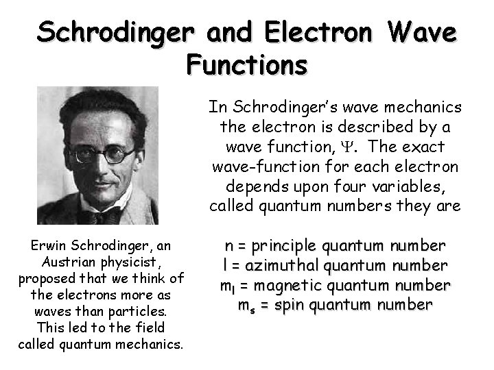 Schrodinger and Electron Wave Functions In Schrodinger’s wave mechanics the electron is described by