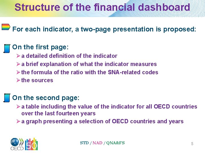 Structure of the financial dashboard For each indicator, a two-page presentation is proposed: On