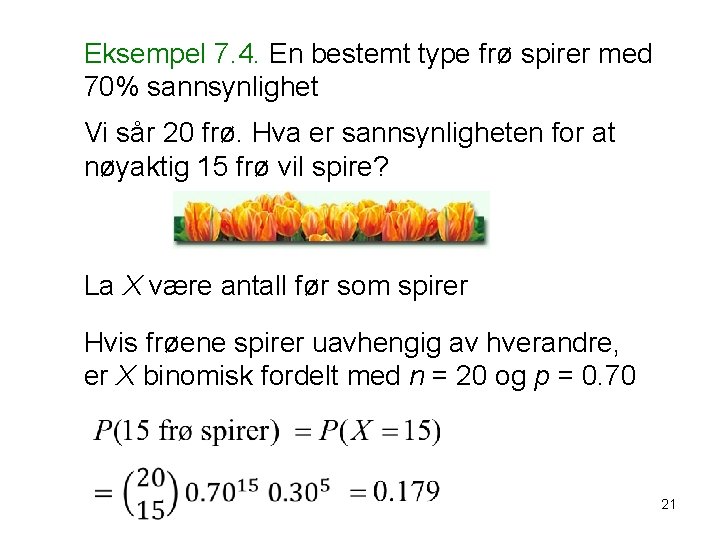 Eksempel 7. 4. En bestemt type frø spirer med 70% sannsynlighet Vi sår 20