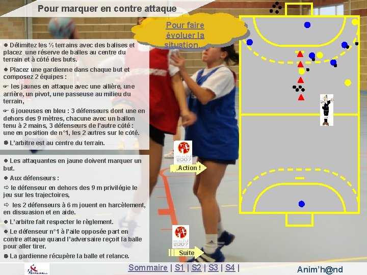 Pour marquer en contre attaque Délimitez les ½ terrains avec des balises et placez