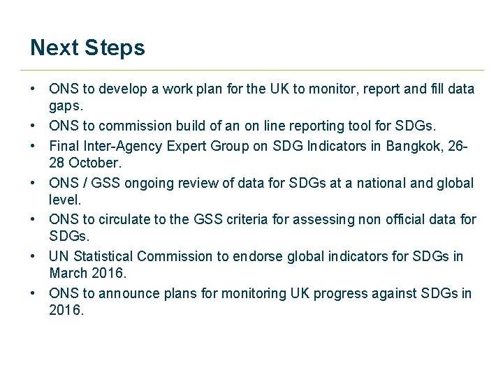 Next Steps • ONS to develop a work plan for the UK to monitor, Next Steps • ONS to develop a work plan for the UK to monitor,
