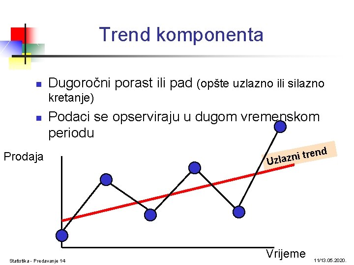 Trend komponenta n Dugoročni porast ili pad (opšte uzlazno ili silazno kretanje) n Podaci