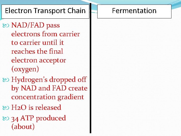 Electron Transport Chain NAD/FAD pass electrons from carrier to carrier until it reaches the