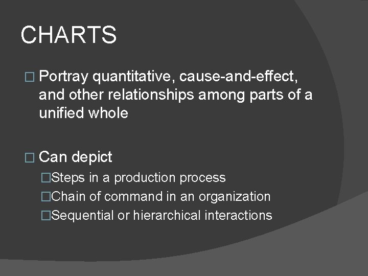 CHARTS � Portray quantitative, cause-and-effect, and other relationships among parts of a unified whole CHARTS � Portray quantitative, cause-and-effect, and other relationships among parts of a unified whole