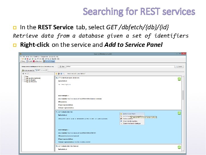 Searching for REST services In the REST Service tab, select GET /dbfetch/{db}/{id} Retrieve data