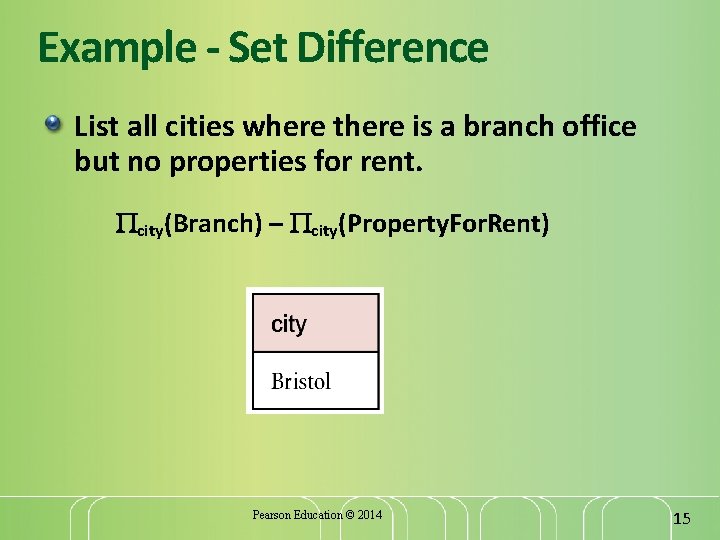 Example - Set Difference List all cities where there is a branch office but