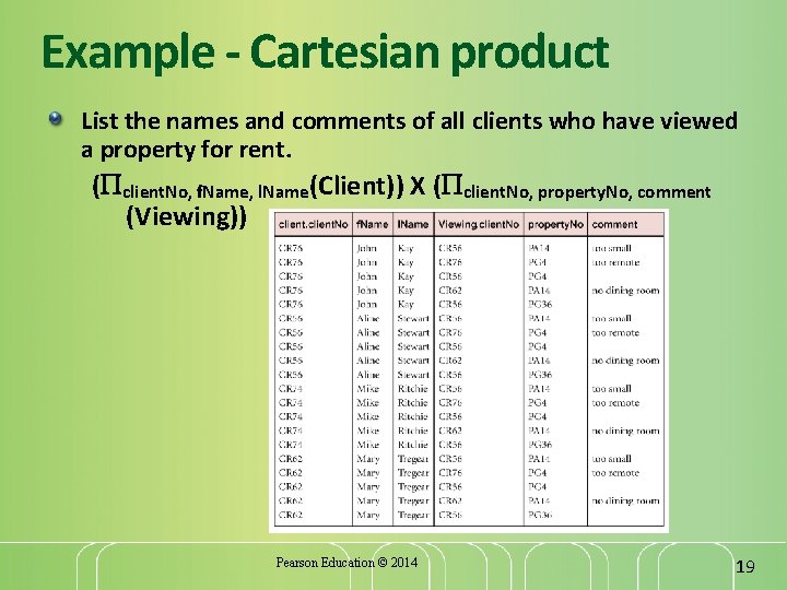 Example - Cartesian product List the names and comments of all clients who have