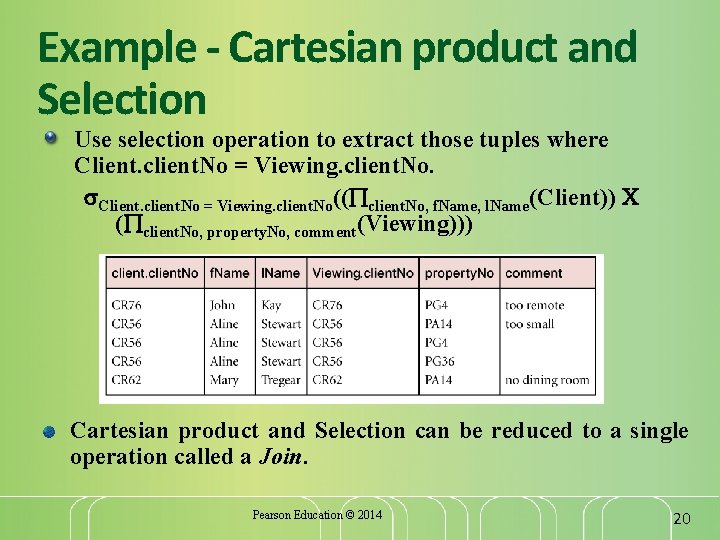 Example - Cartesian product and Selection Use selection operation to extract those tuples where