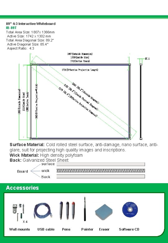 89” 4: 3 Interactive Whiteboard IB-89 T Total Area Size: 1807 x 1366 mm