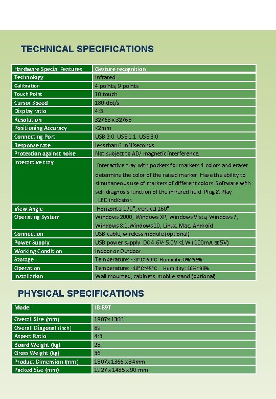 TECHNICAL SPECIFICATIONS Hardware Special Features Technology Calibration Touch Point Cursor Speed Display ratio Resolution