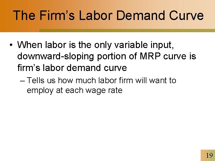 The Firm’s Labor Demand Curve • When labor is the only variable input, downward-sloping