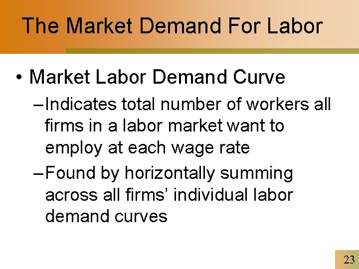 The Market Demand For Labor • Market Labor Demand Curve – Indicates total number