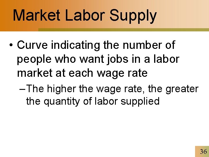 Market Labor Supply • Curve indicating the number of people who want jobs in