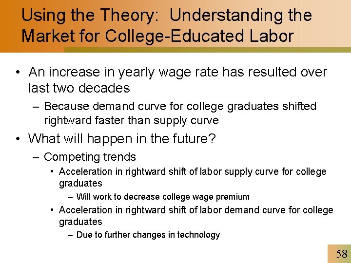 Using the Theory: Understanding the Market for College-Educated Labor • An increase in yearly