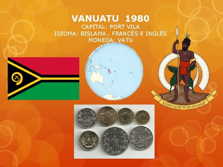 VANUATU 1980 CAPITAL: PORT VILA IDIOMA: BISLAMA , FRANCÉS E INGLÉS MONEDA: VATU 