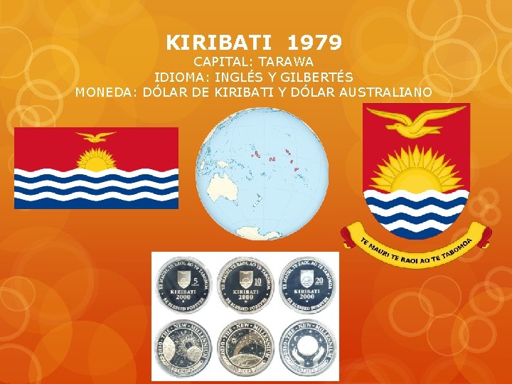 KIRIBATI 1979 CAPITAL: TARAWA IDIOMA: INGLÉS Y GILBERTÉS MONEDA: DÓLAR DE KIRIBATI Y DÓLAR