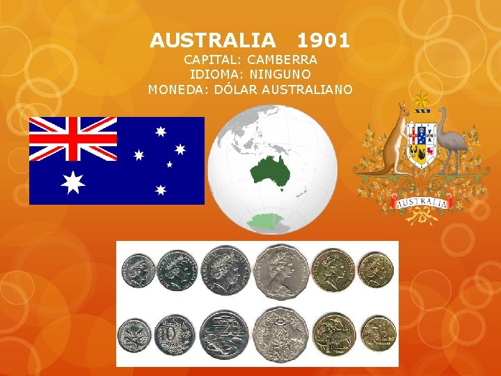 AUSTRALIA 1901 CAPITAL: CAMBERRA IDIOMA: NINGUNO MONEDA: DÓLAR AUSTRALIANO 