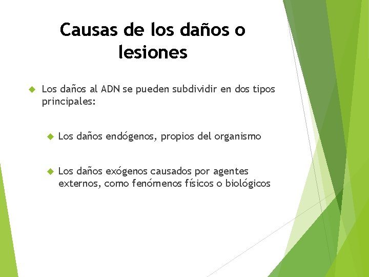 Causas de los daños o lesiones Los daños al ADN se pueden subdividir en