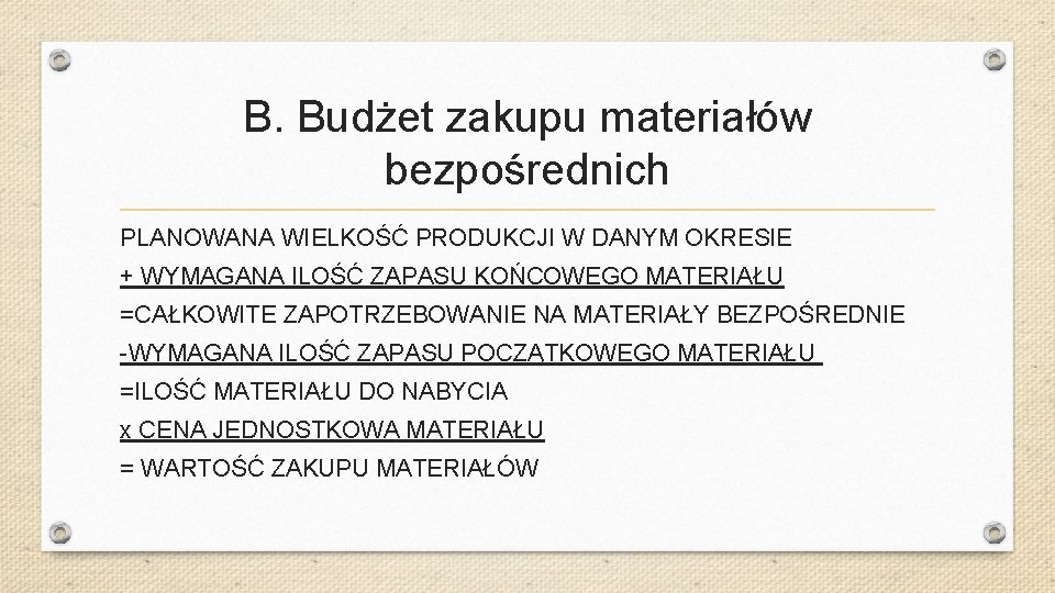 B. Budżet zakupu materiałów bezpośrednich PLANOWANA WIELKOŚĆ PRODUKCJI W DANYM OKRESIE + WYMAGANA ILOŚĆ