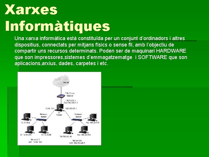 Xarxes Informàtiques Una xarxa informàtica està constituïda per un conjunt d’ordinadors i altres dispositius,