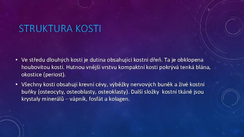 STRUKTURA KOSTI • Ve středu dlouhých kostí je dutina obsahující kostní dřeň. Ta je