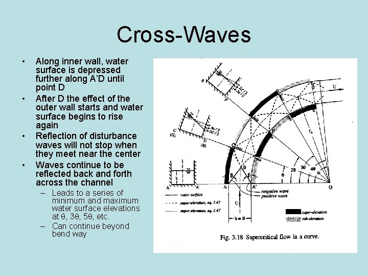 Cross-Waves • • Along inner wall, water surface is depressed further along A’D until