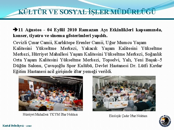 KÜLTÜR VE SOSYAL İŞLER MÜDÜRLÜĞÜ 11 Ağustos - 04 Eylül 2010 Ramazan Ayı Etkinlikleri