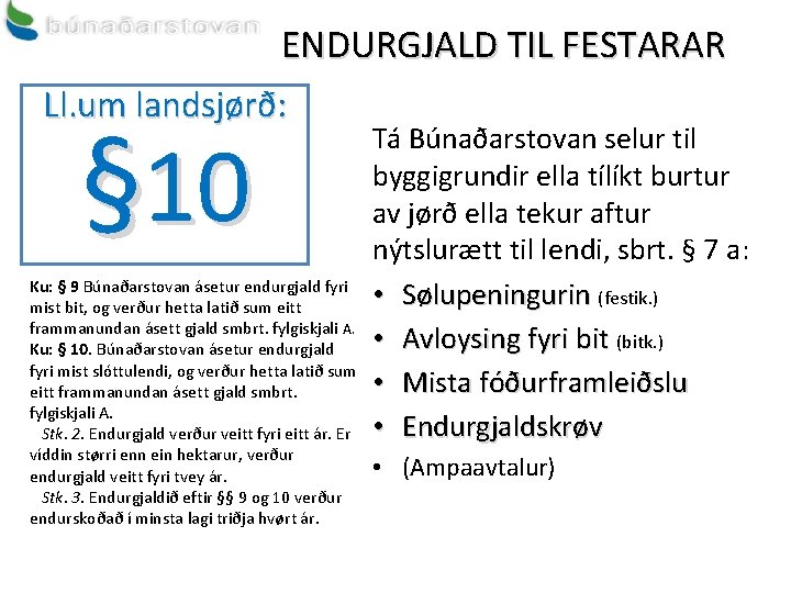 ENDURGJALD TIL FESTARAR Ll. um landsjørð: § 10 Ku: § 9 Búnaðarstovan ásetur endurgjald