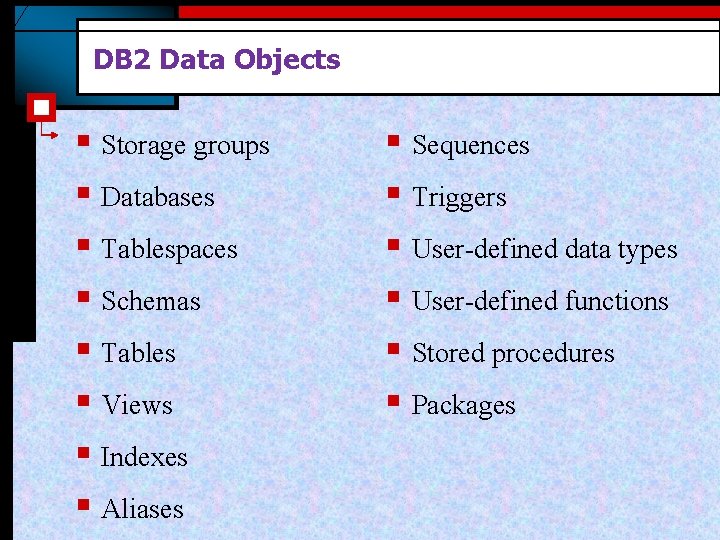 DB 2 Data Objects § Storage groups § Databases § Tablespaces § Schemas §