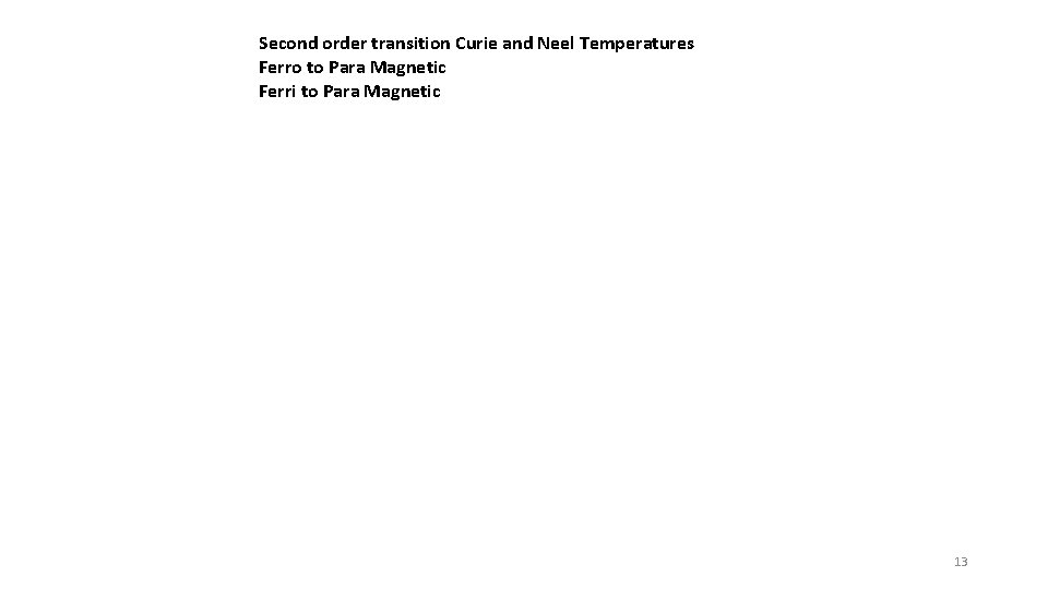 Second order transition Curie and Neel Temperatures Ferro to Para Magnetic Ferri to Para