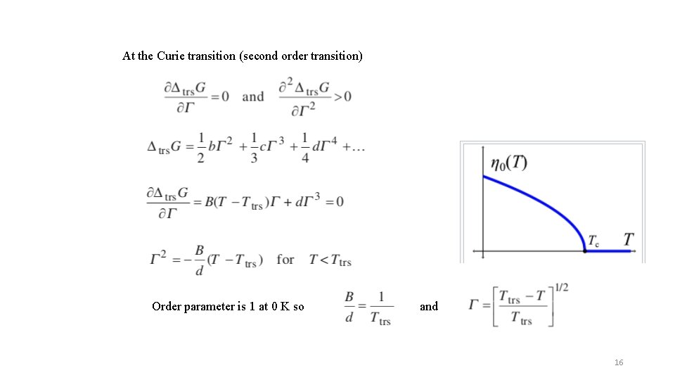 At the Curie transition (second order transition) Order parameter is 1 at 0 K
