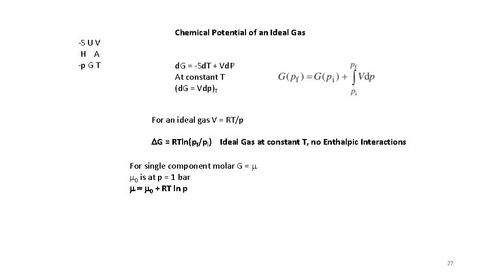 -S U V H A -p G T Chemical Potential of an Ideal Gas