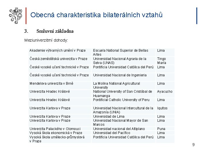 Obecná charakteristika bilaterálních vztahů 3. Smluvní základna Meziuniverzitrní dohody: Akademie výtvarných umění v Praze