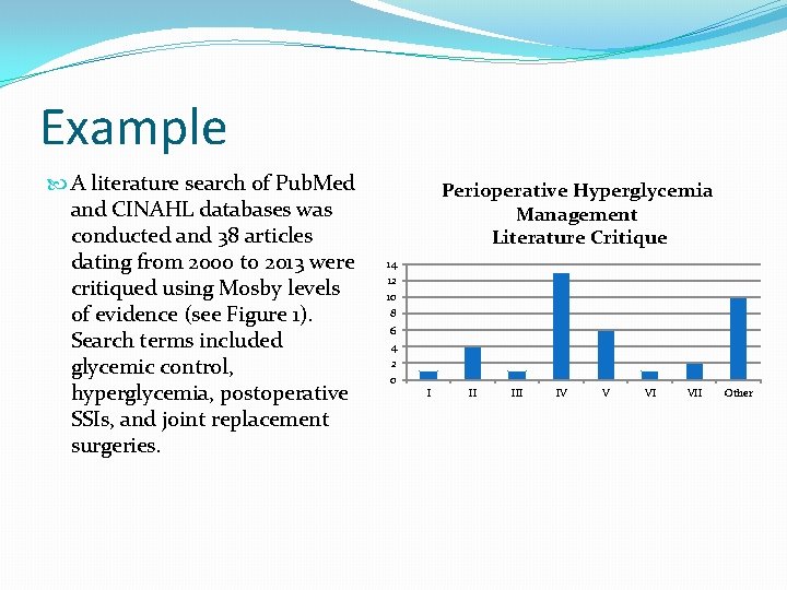 Example A literature search of Pub. Med and CINAHL databases was conducted and 38