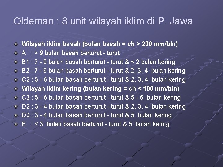 Oldeman : 8 unit wilayah iklim di P. Jawa Wilayah iklim basah (bulan basah