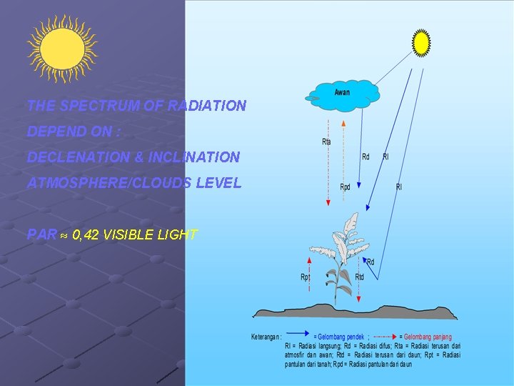 THE SPECTRUM OF RADIATION DEPEND ON : DECLENATION & INCLINATION ATMOSPHERE/CLOUDS LEVEL PAR 0,