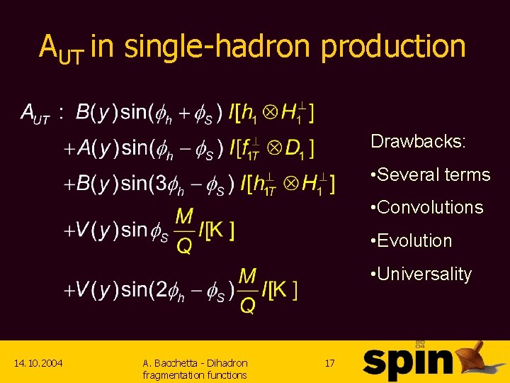 AUT in single-hadron production Drawbacks: • Several terms • Convolutions • Evolution • Universality