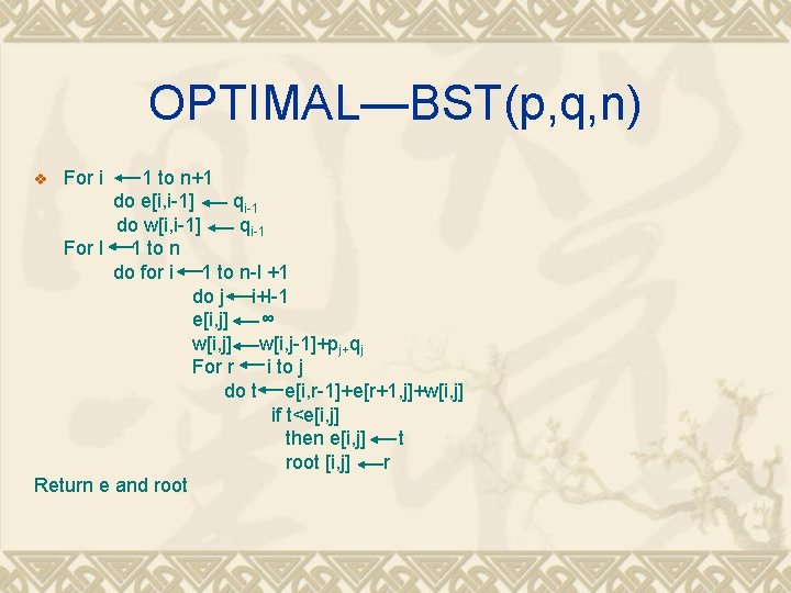 OPTIMAL—BST(p, q, n) 1 to n+1 do e[i, i-1] qi-1 do w[i, i-1] qi-1