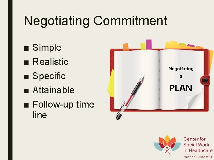 Negotiating Commitment ■ ■ ■ Simple Realistic Specific Attainable Follow-up time line Negotiating a