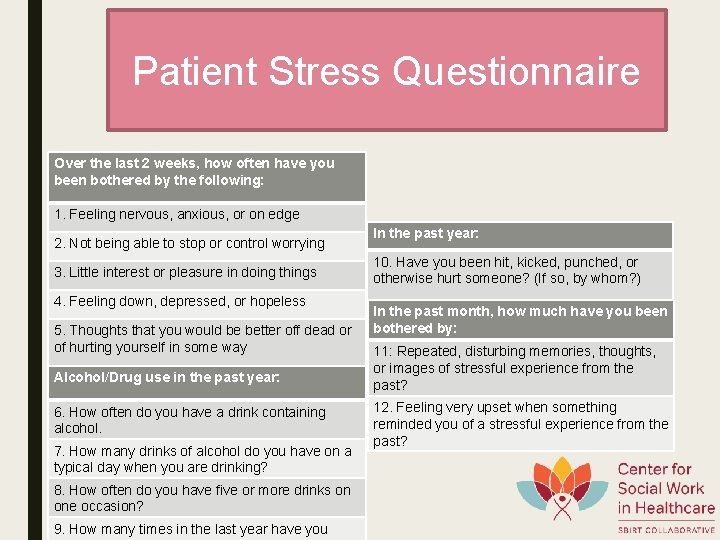 Patient Stress Questionnaire Over the last 2 weeks, how often have you been bothered