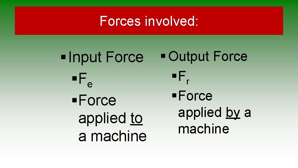 Forces involved: § Input Force § Output Force § Fr § Fe § Force Forces involved: § Input Force § Output Force § Fr § Fe § Force