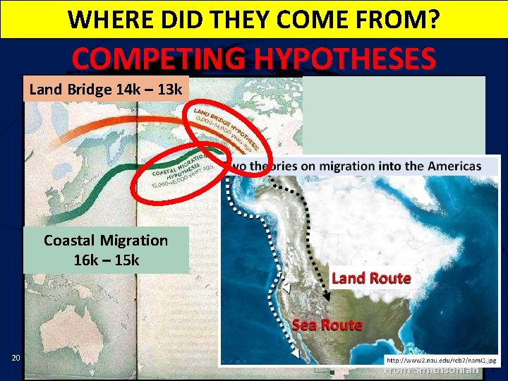 WHERE DID THEY COME FROM? COMPETING HYPOTHESES Land Bridge 14 k – 13 k