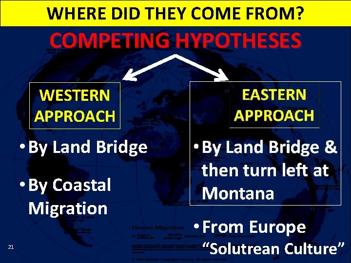 WHERE DID THEY COME FROM? COMPETING HYPOTHESES WESTERN APPROACH • By Land Bridge •