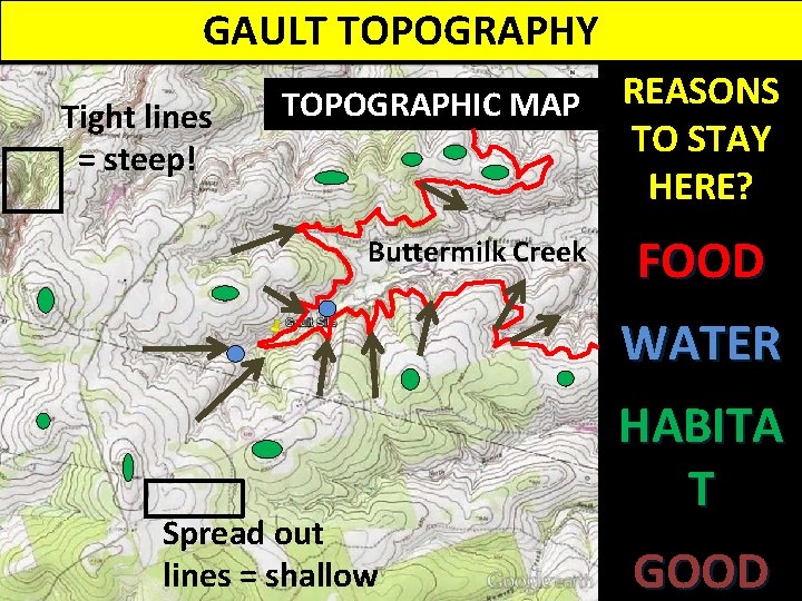 GAULT TOPOGRAPHY Tight lines = steep! TOPOGRAPHIC MAP Buttermilk Creek REASONS Reasons to stay