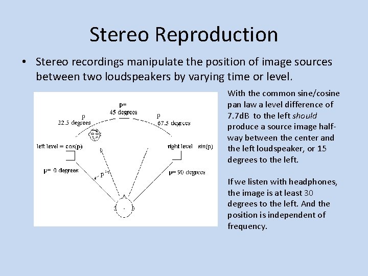 Stereo Reproduction • Stereo recordings manipulate the position of image sources between two loudspeakers