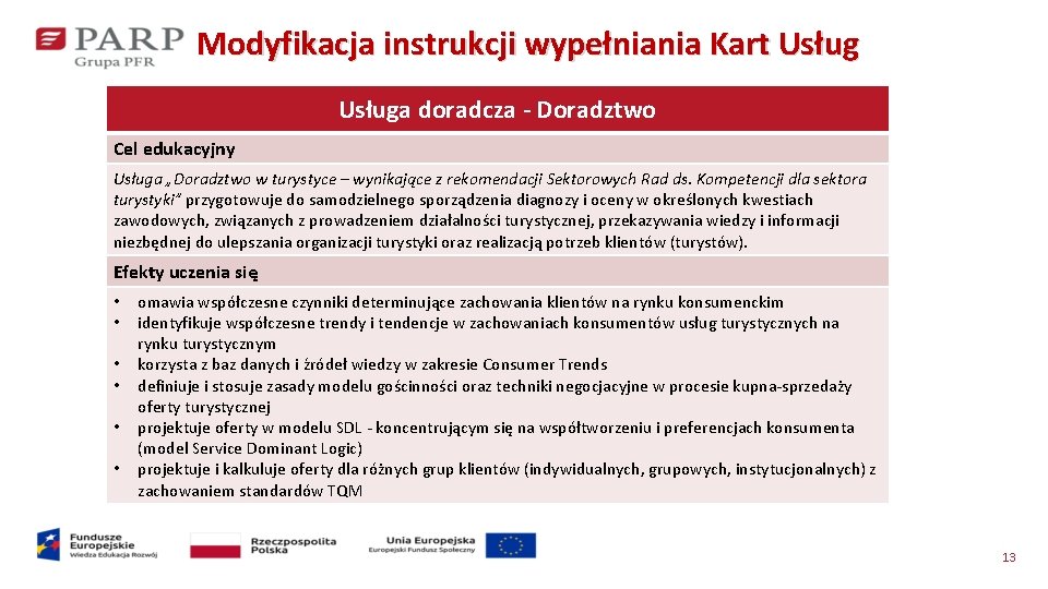 Modyfikacja instrukcji wypełniania Kart Usługa doradcza - Doradztwo Cel edukacyjny Usługa „Doradztwo w turystyce